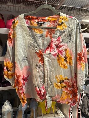 Express Floral Button-Front Blouse in Green with Pink & Yellow Blooms